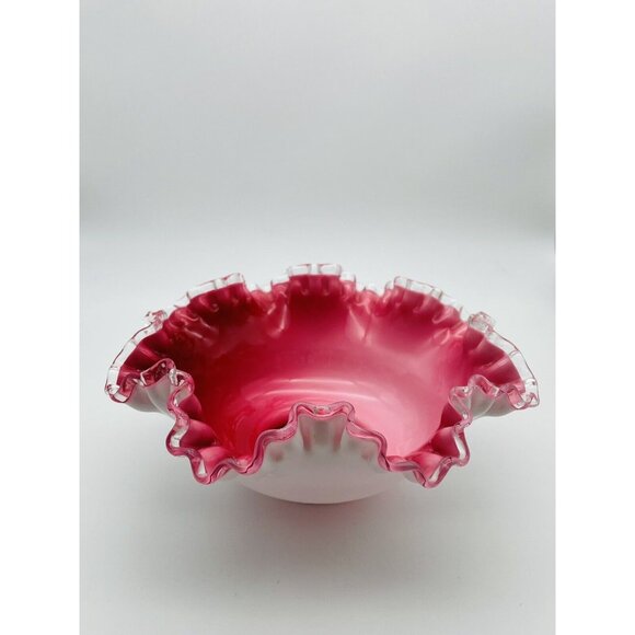 Fenton Cranberry Silver Crest Ruffle Crimped 10” Bowl - Picture 4 of 4